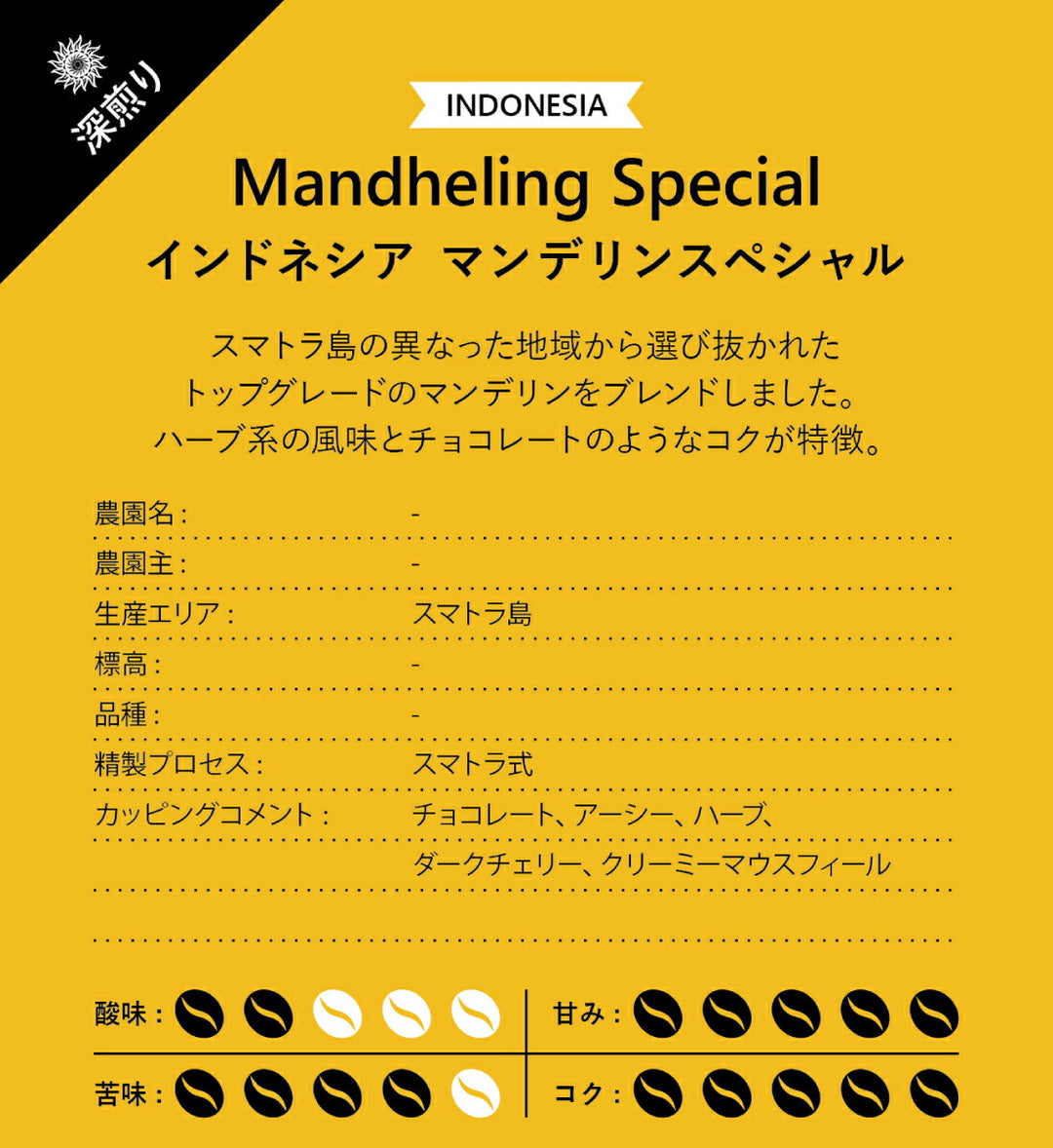 インドネシア マンデリン スペシャル 100g 、200g、400g、1kg深煎り