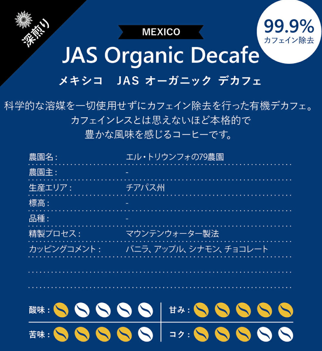 メキシコ スペシャルティ オーガニック デカフェ 100g、200g、400g、1kg 深煎り