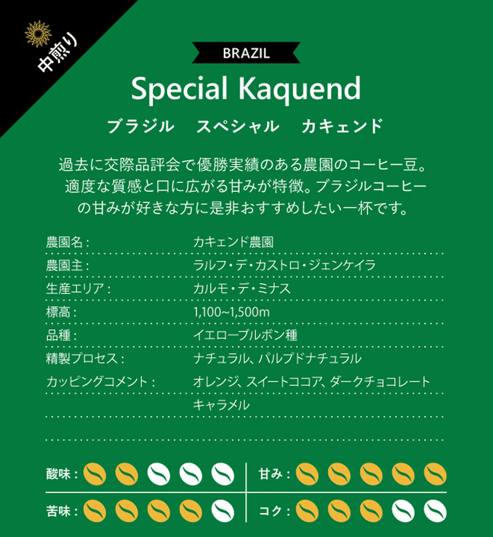 ブラジル スペシャル カキェンド 100g、200g、400g、1kg 中煎り