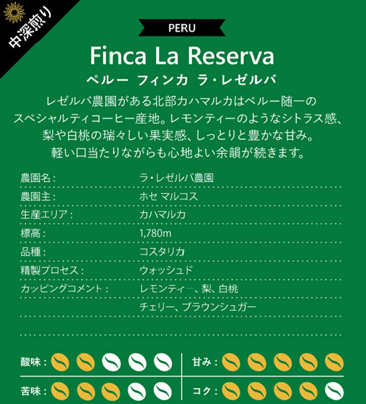 ペルー フィンカ ラ・レセルバ 100g、200g、400g、1kg 中煎り